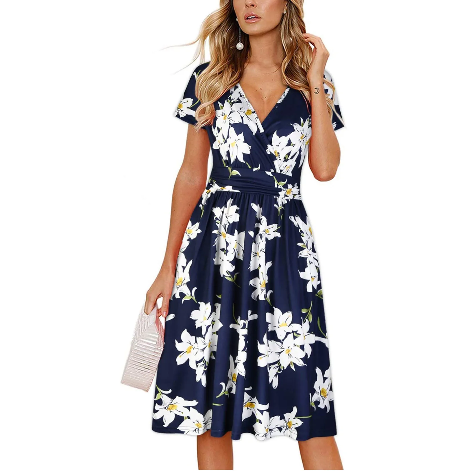 

Short Sleeve Casual Women Summer Midi Dress Leaf Flower Printed Dresses For Women Summer Elegant Beach Loose Traf-Robe Femme