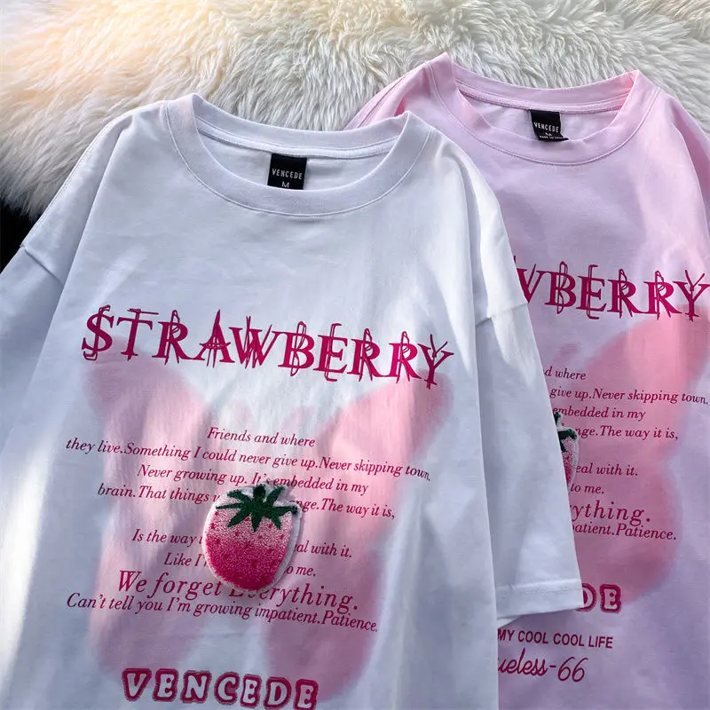 

Pink Tie Dye Strawberry Letter Graphic Cute T Shirts Sweet Girl White Tops Hip Hop Streetwear Short Sleeve Tops Summer Plus Size