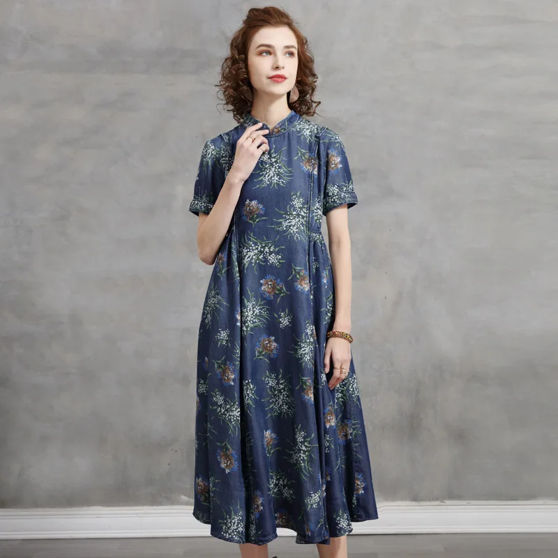

Designer Women's Denim Mid Length Skirt Summer Cheongsam Vintage Dress
