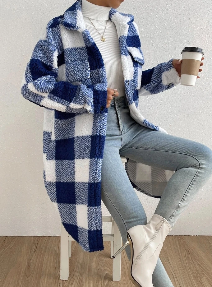 

Y2K Clothing Jackets for Women 2023 Autumn New Fashion Versatile Open Button Plush Plaid Coat Loose Style Commuter Long Coat