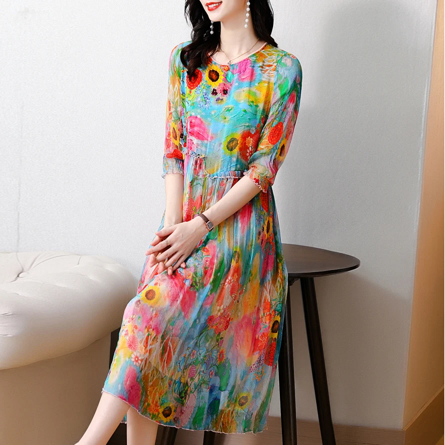 Fashion Print Women Dress European And American Summer Imitate Real Silk Dress Loose Temperament Round Collar Lady Dresses