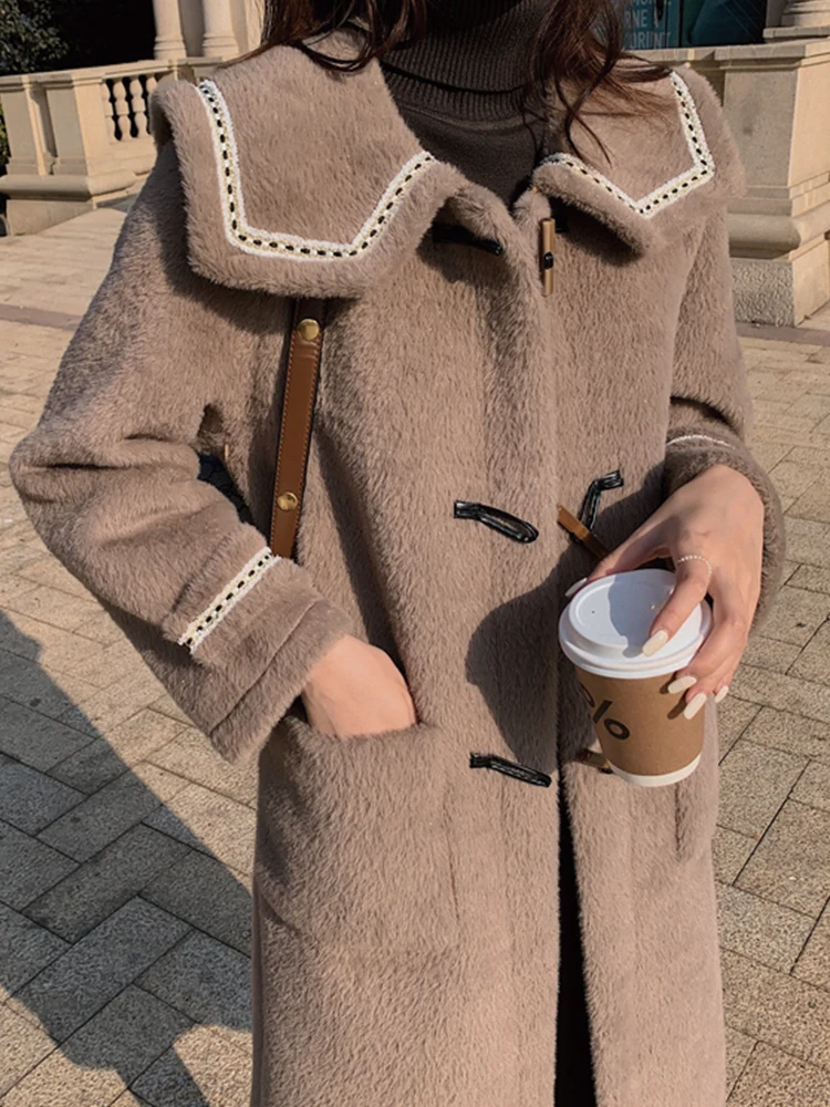 Женское длинное бархатное пальто из искусственной норки кожи двубортное нежный