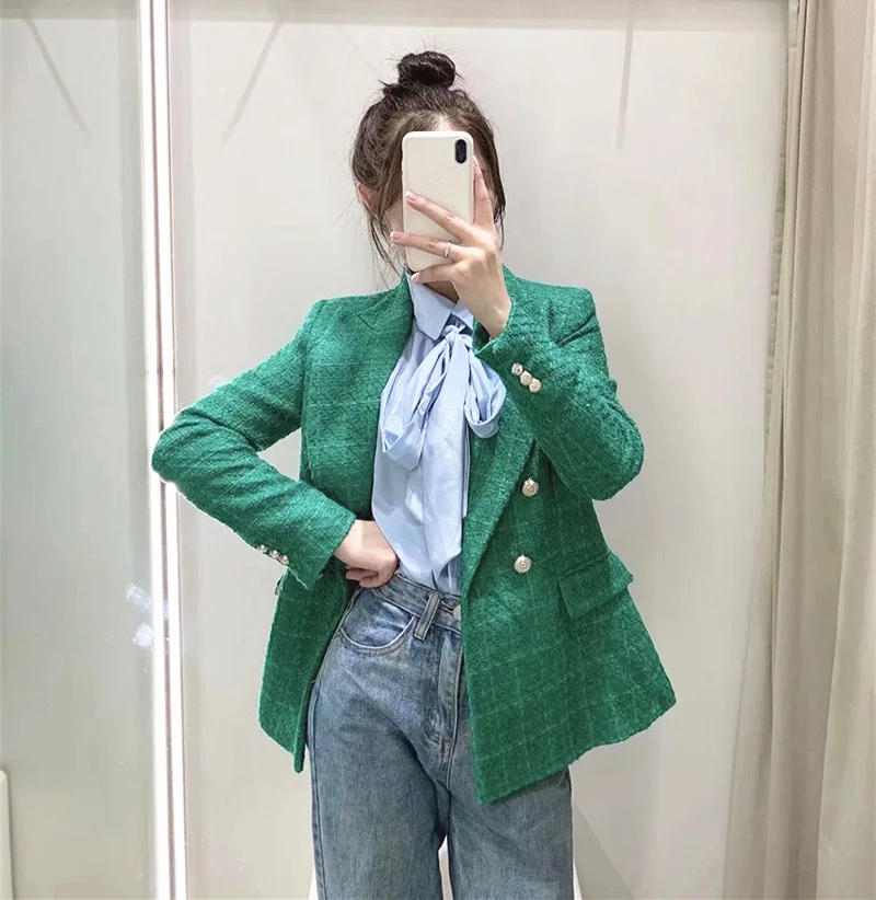 Vintage Striped Raglan Commuter Blazer Double-breasted Wwave Collar Suit Green Red Long Sleeve with Button Women Winter Jackets