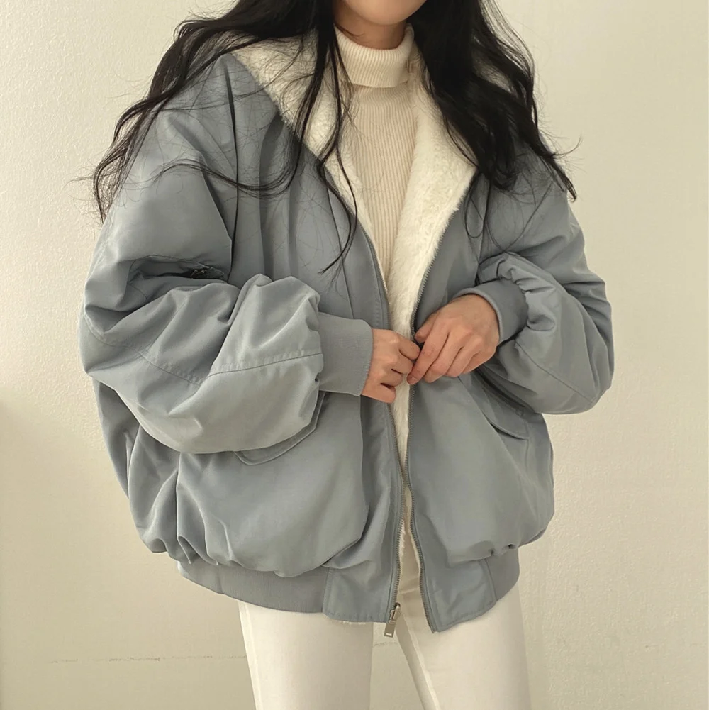 Loose plus fleece thickened two sides wear lamb wool padded clothes female coat Korean casual temperament autumn winter padded