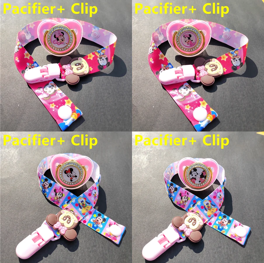 

Handmade Adjust Mickey Mouse Print Polyester Material Dummy Pacifier Clip Holder Infant Feeder Bling Pink Soother Chupeteors