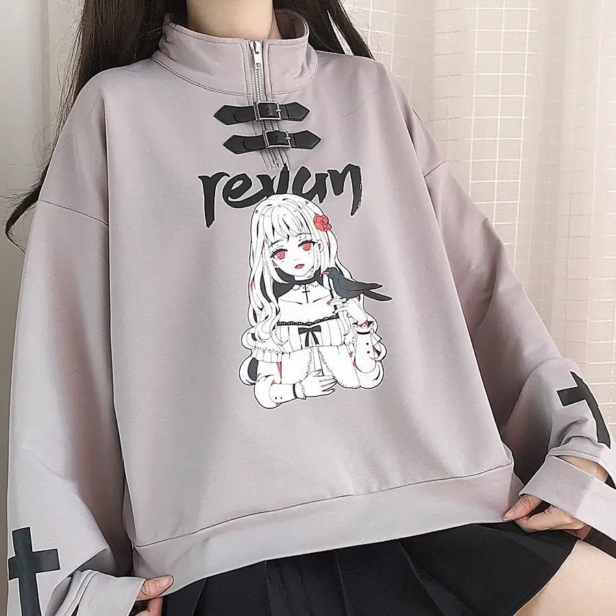 MINGLIUSILI Kawaii Anime Print Hoodie for Women Half High Neck Korean Fashion Loose All-match Sweatshirts Oversized Hoodie images - 6