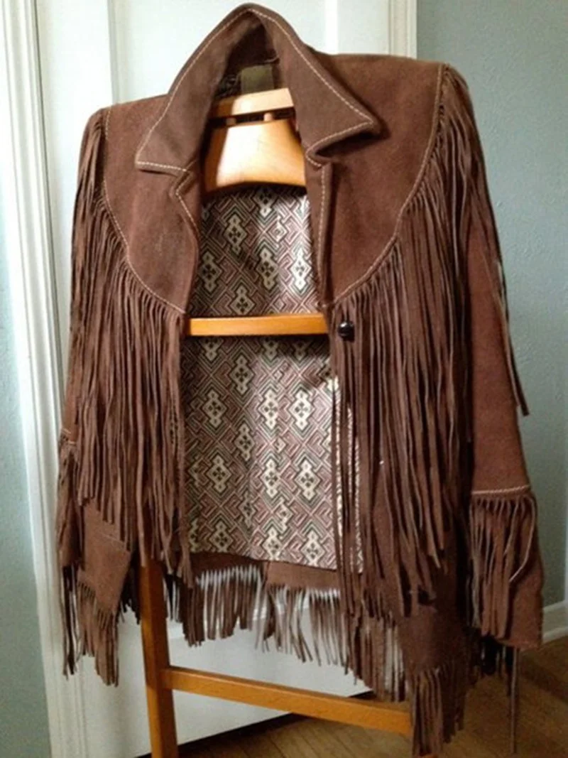 

Женская замшевая куртка, Женское зимнее фольклорное пальто с бахромой на весну/осень, женское богемное короткое пальто с длинными рукавами и бахромой, цвет коричневый