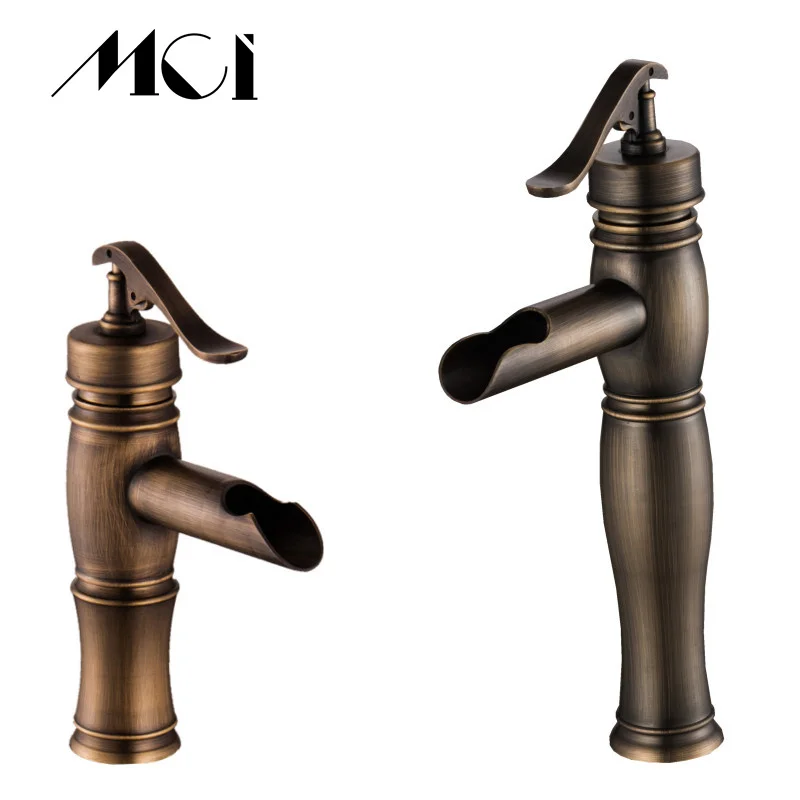 

Retro Brass Deck Mounted Bathroom Faucet Hot Cold Mixer Crane Basin Faucet Brushed Taps Water Column High Short Style Torneira