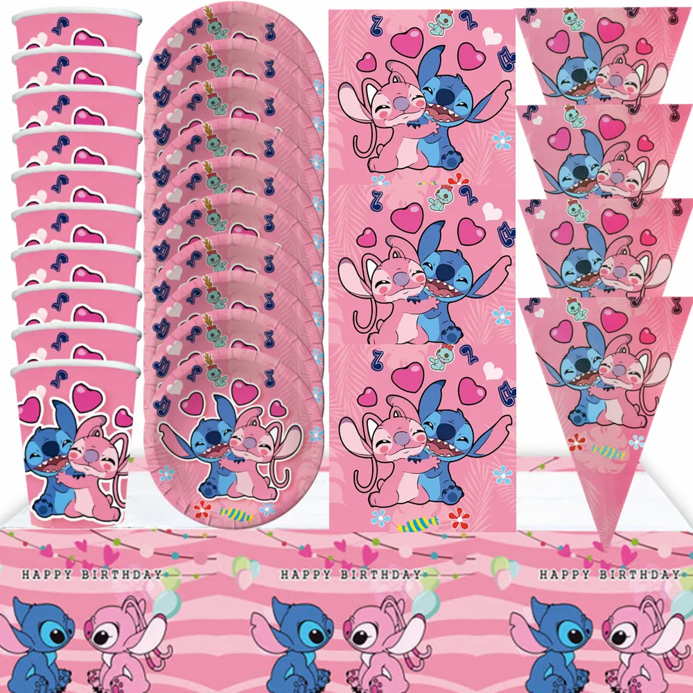 

Набор украшений для дня рождения в стиле Диснея, Ститч и ангел, салфетки с флагом, скатерть для будущей мамы, товары для вечеринки для девоче...