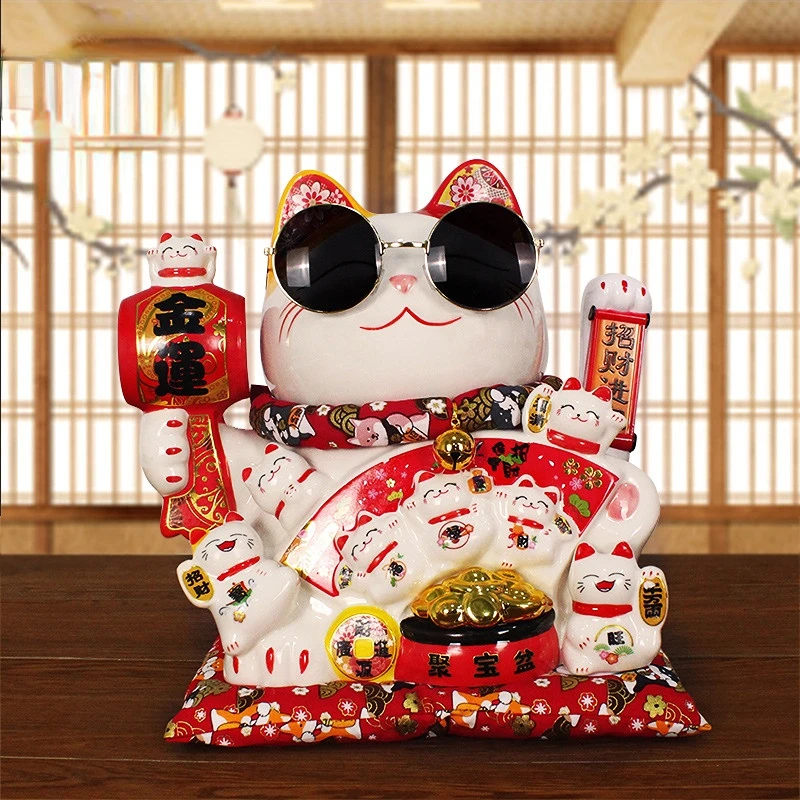 

11 Inch Large Fortune Cat Waving Ceramic Lucky Cat Ornaments Automatic Waving Cash Register Decoration Figurines Lucky Cat