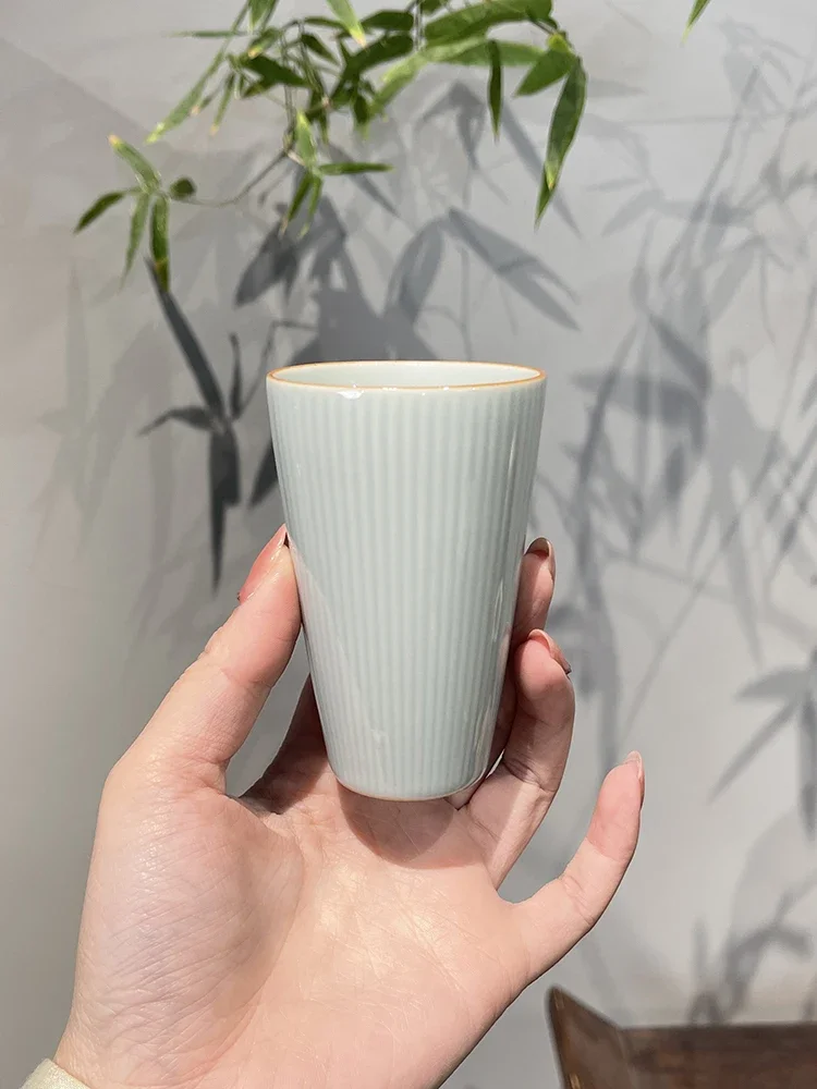 

High Temperature Fired Honey Glaze Vertical Pattern Warm Hand Cup, Simple and Elegant, Simple Household Tea Set Cup, Solid Color