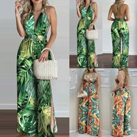 2022 new women jumpsuits outfits summer wide leg jumpsuit sexy tropical print halter v neck jumpsuit female summer clothing