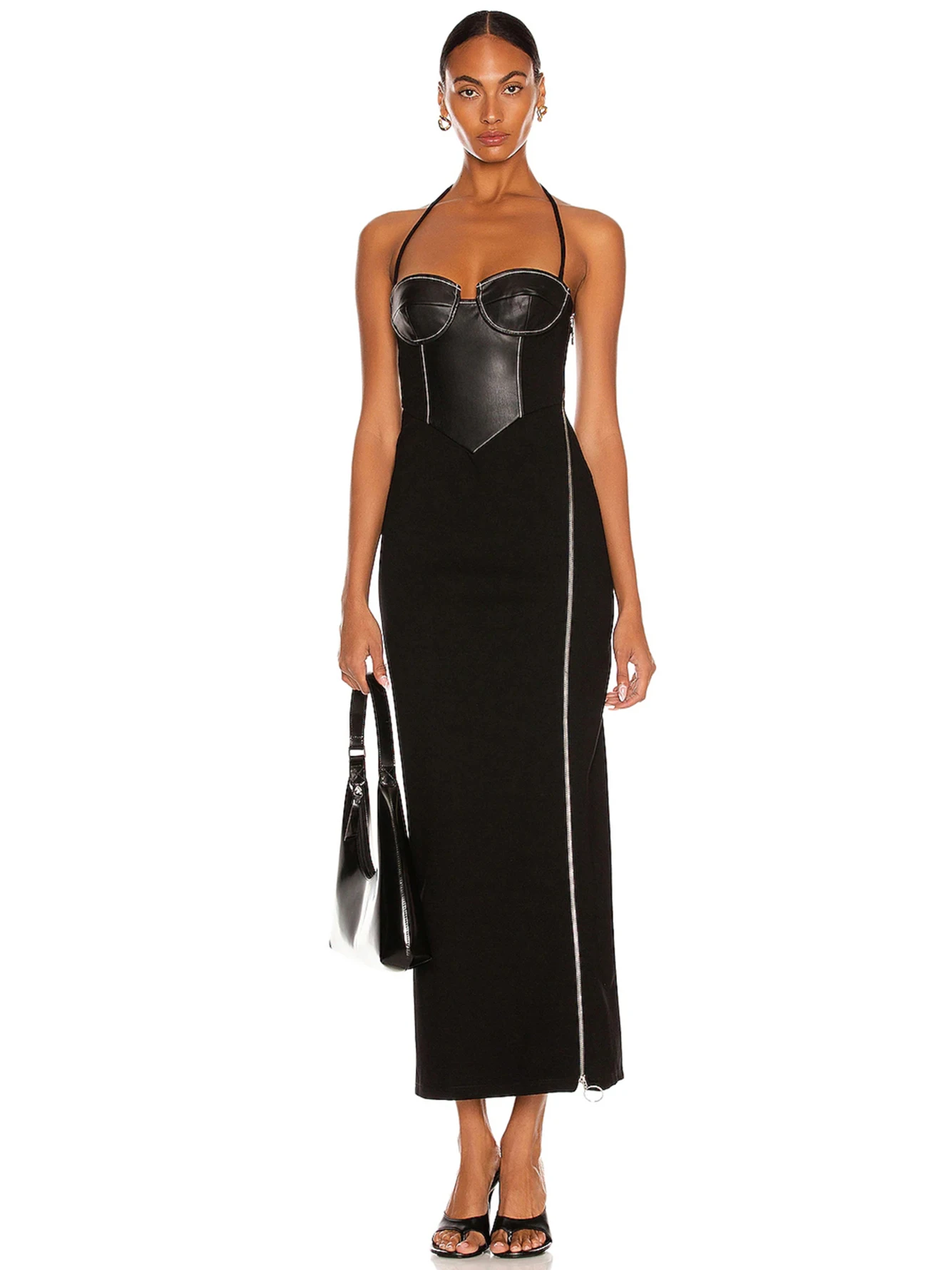 

Adyce Black PU Halter Maxi Women's Bandage Dress Sexy Sleeveless Elegant Evening Celebrity Runway Night Club Party Outfits Dress