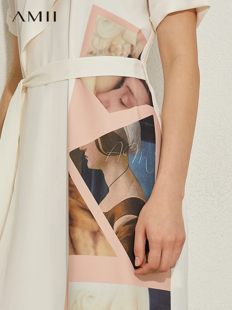 Платье AMII Minimalism Vestidos винтажного принта на весну и лето с лацканами, высокой талией, поясом на колено для женщин 12040309.