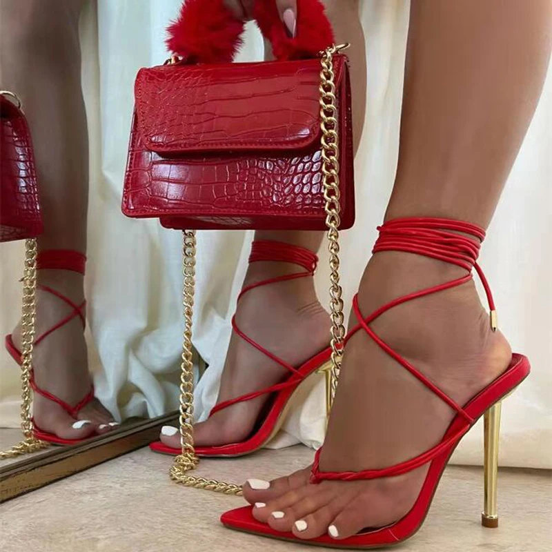 

Женские босоножки с острым носком, босоножки-гладиаторы на высоком каблуке и шнуровке, туфли-лодочки больших размеров 35 ~ 41, Новинка лета 2022