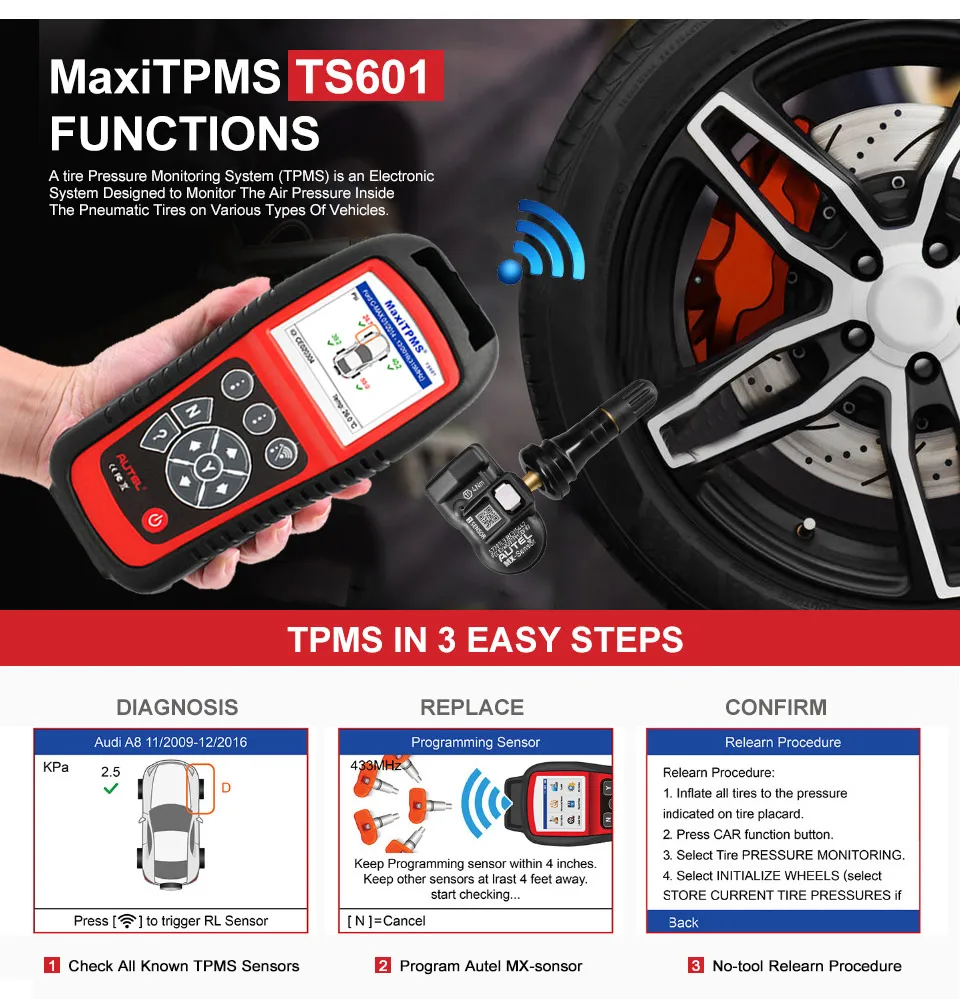 AUTEL MaxiTPMS TS601 TPMS Automotive Tire Repair Tools Sensor Progarmming/Relearn/Activate for Pressure of TS501/TS408 |