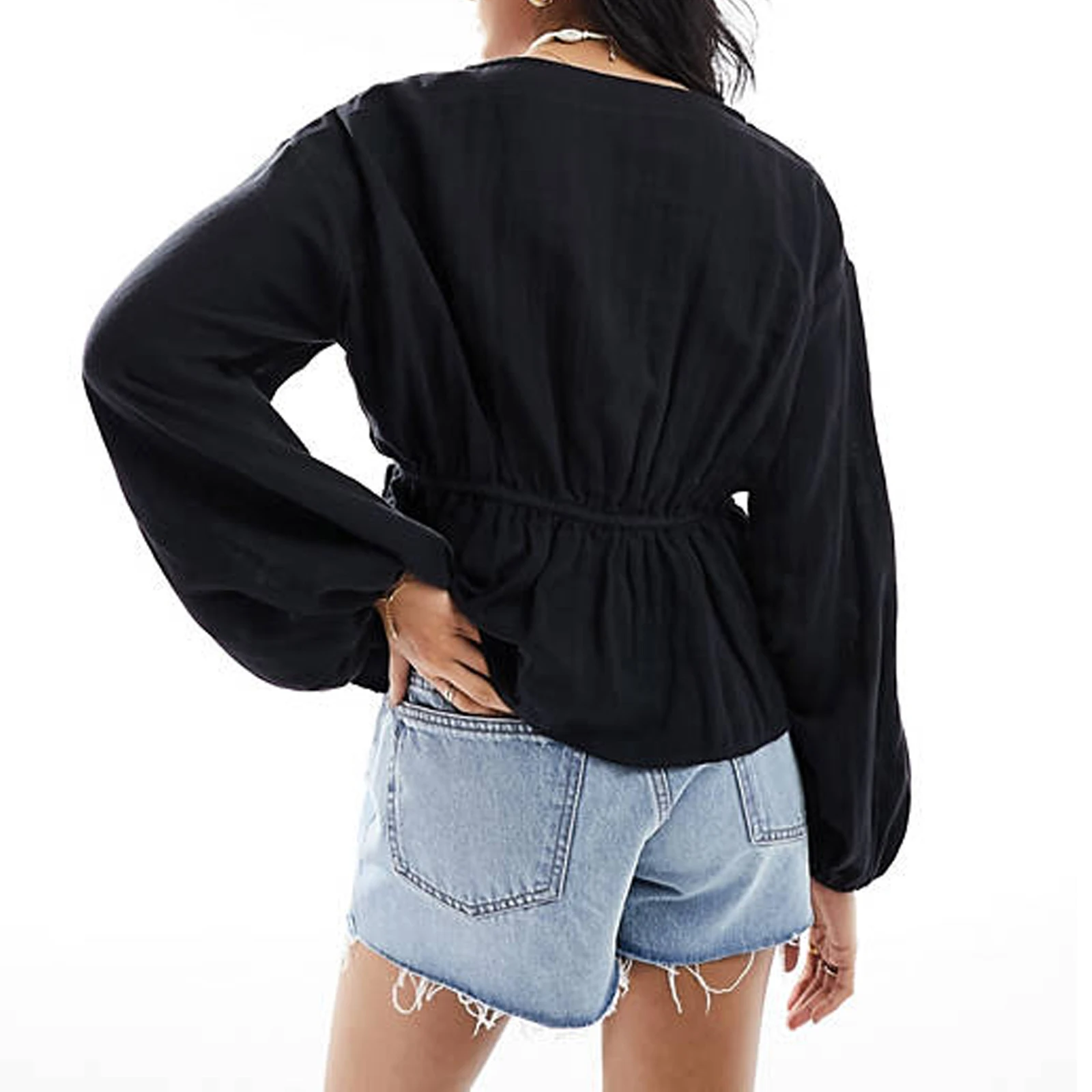 Женские повседневные однотонные базовые рубашки с v-образным вырезом и завязками