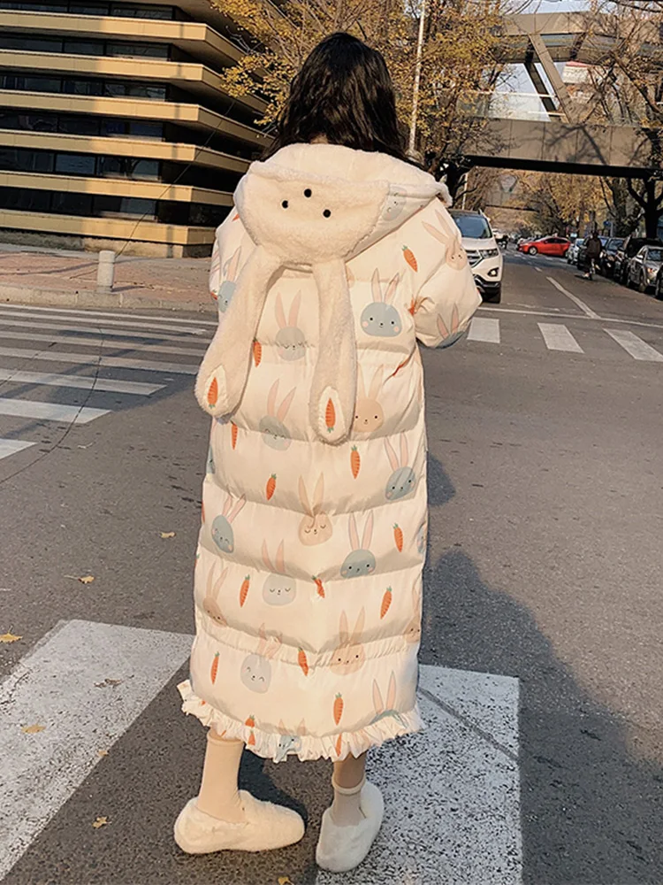 

Fashion Casual Jacket Female Women's Winter Coat White Down Material Hooded Cute Rabbit Ears Thickened Warm Long Loose