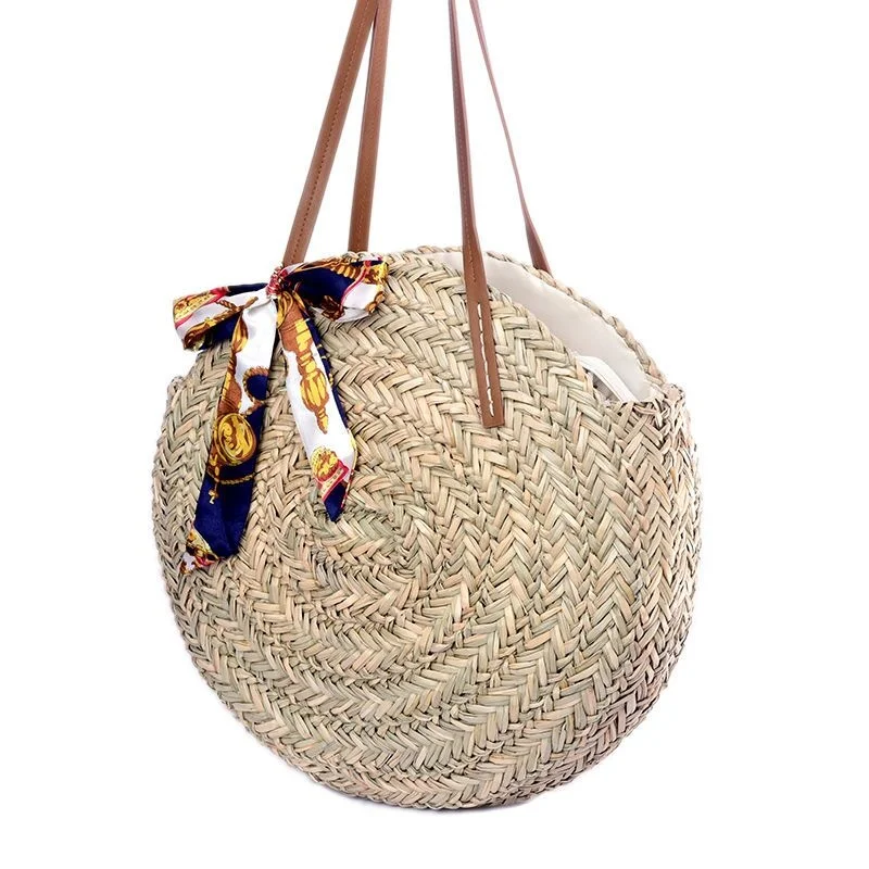 

Handmade Rattan Woven Round Hand Knitting Handbag Fashion Straw Bag Rope Knitted Casual Shoulder Bag Summer Beach Tote Scarf