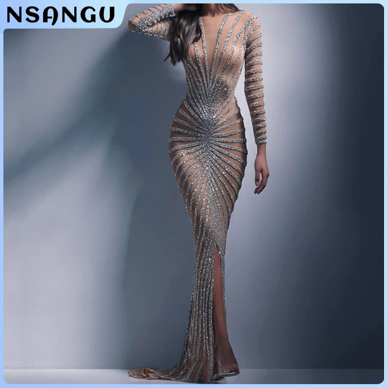 

Women Sexy Mesh Sequins Split Fishtail Dresses Female Sexy V Neck Long Sleeve Maxi Dress Summer Lady Party Evening Long Dress