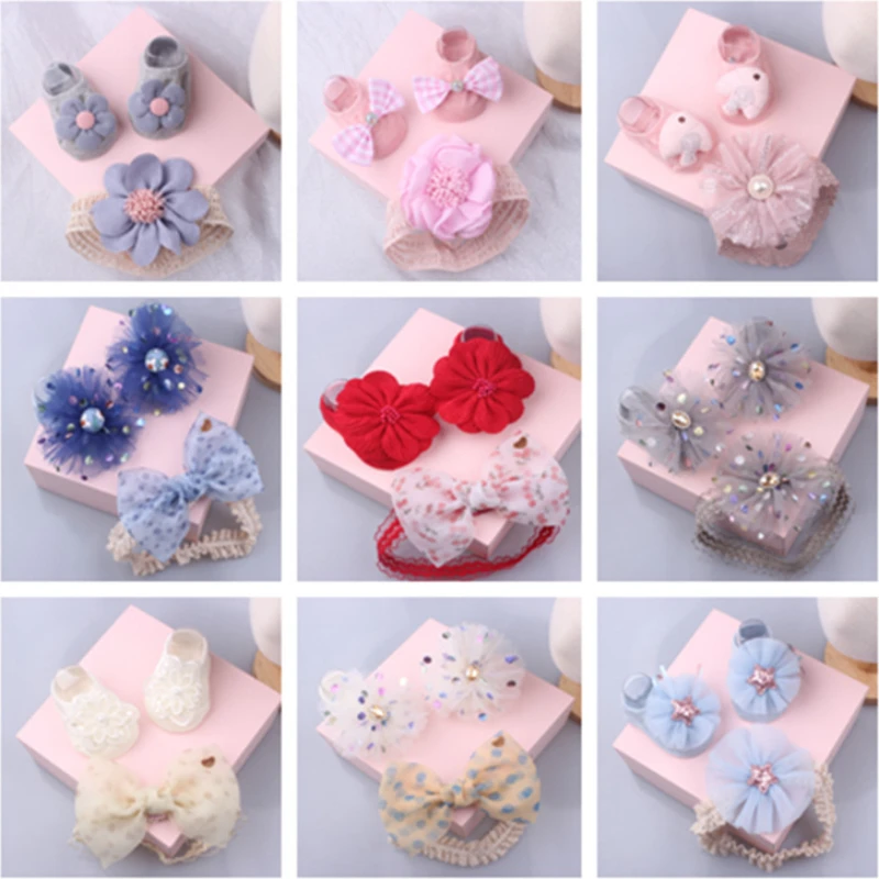 

1 Set Xmas Gift Cute Flowers Baby Girls Headband Socks Cartoon Animal Bow Newborn Girls Hair Band Kids Headwear Hair Accessories