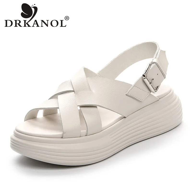 

DRKANOL Concise Solid Color Women Chunky Platform Sandals Summer Open Toe Shoes Quality Genuine Leather Cross Wedges Sandals