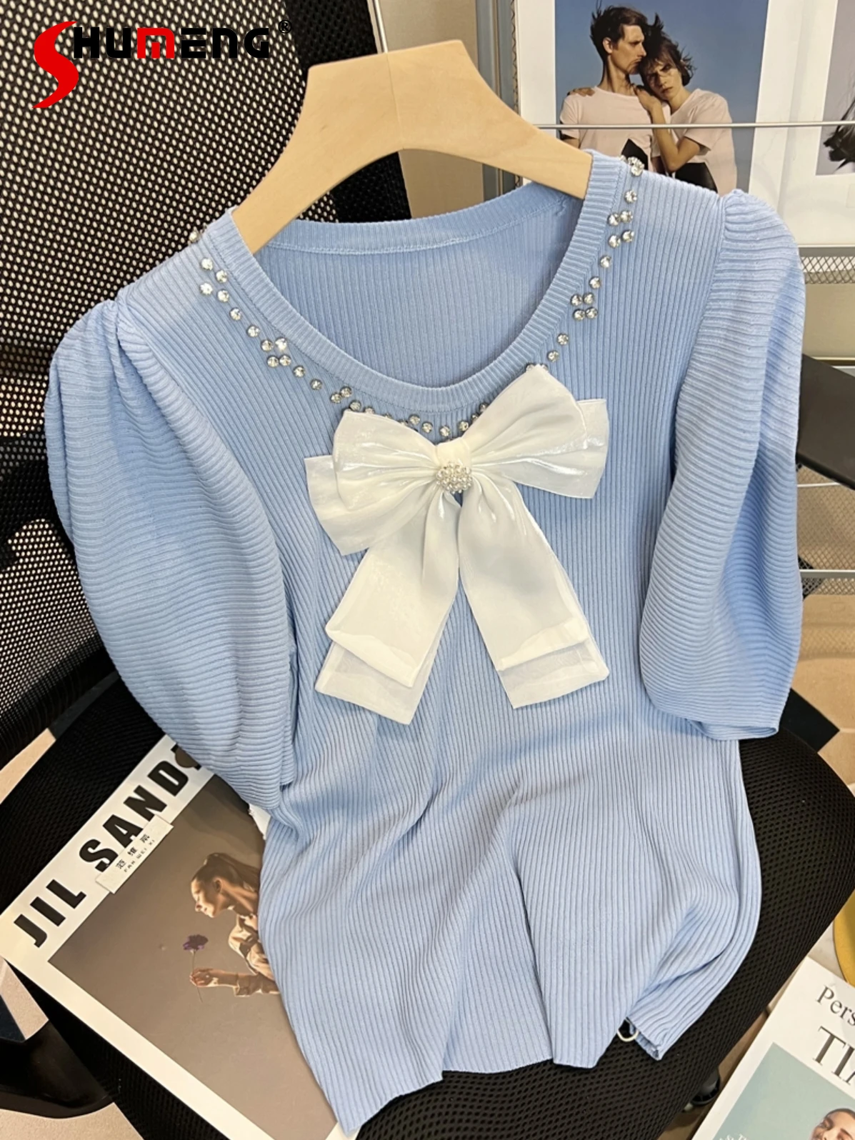 

Summer 2022 New Sweet Solid Color Pullover Tops Bow Exquisite Rhinestone Round Neck Puff Sleeve Ice Silk T-shirt for Women