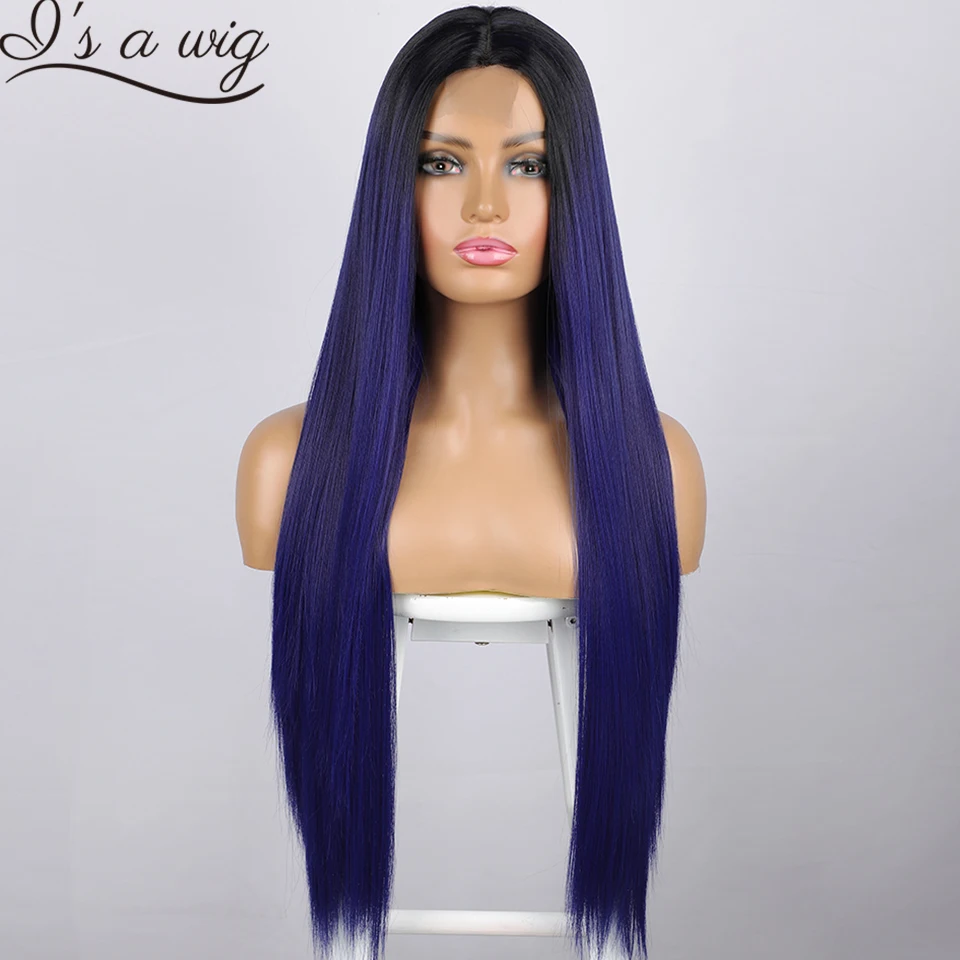 

I‘s a wig Synthetic Wig Ombre Dark Blue Long Straight Wigs for Women Green Blonde Pink Cosplay Wig Heat Resistant Fiber