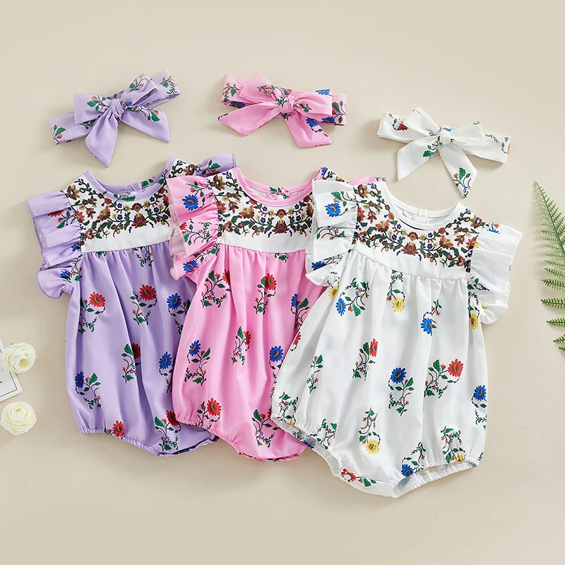 

2023-02-22 Lioraitiin 0-18M Infant Baby Girls Bodysuit Floral Print Fly Sleeve Crew Neck Jumpsuits with Headband