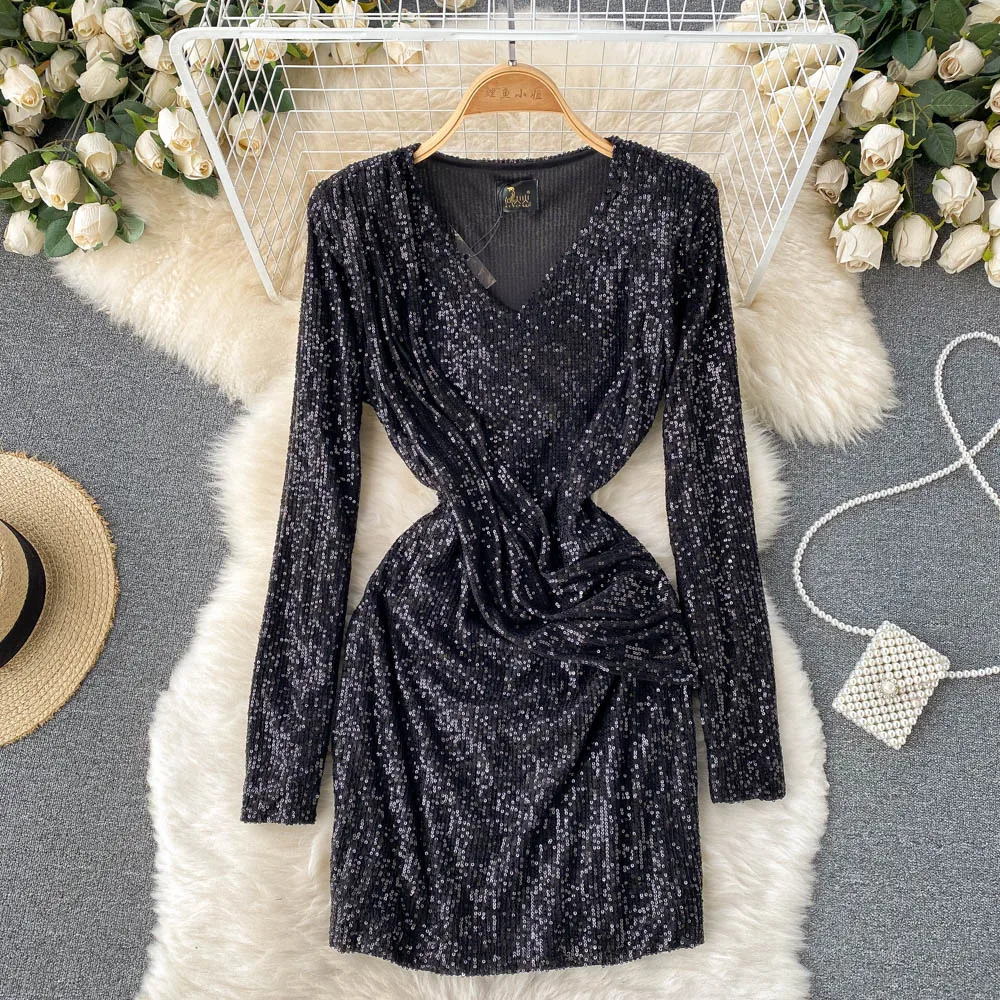 

2022 весеннее новое платье с v-образным вырезом на талии, модное дизайнерское короткое платье с блестками на бедренной подошве
