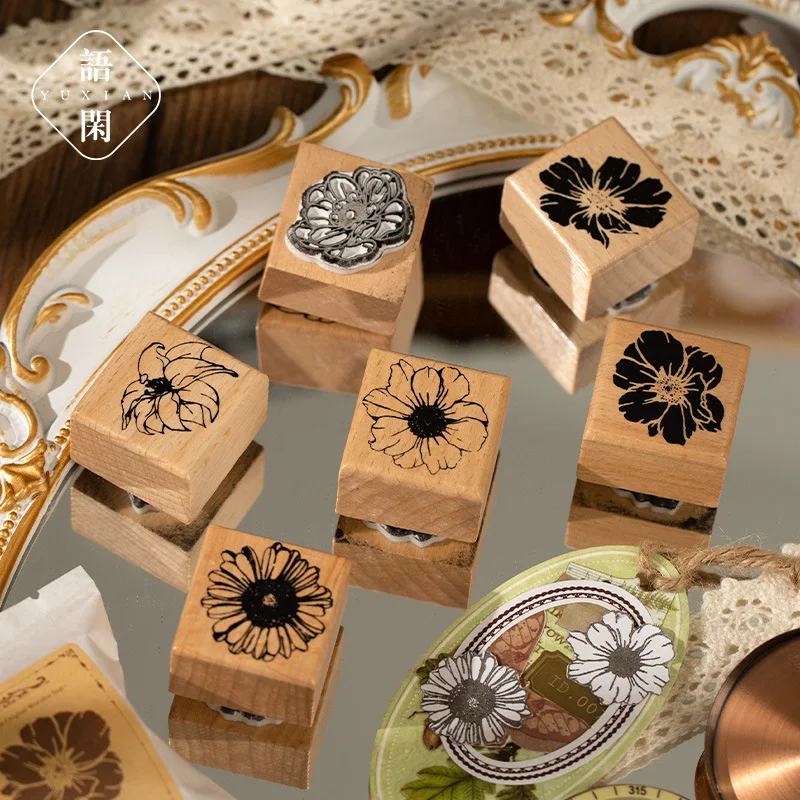 

Printed Wooden Stamps Vintage 3*3cm Ins Style Floral Handbook DIY Decorative Printing Stamps DIY Message Memo