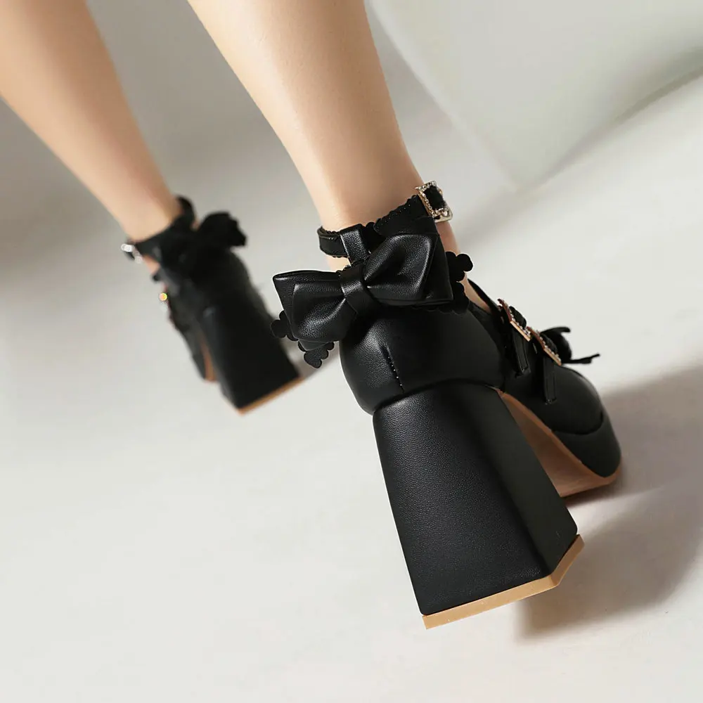 Women's Kawaii Platform Ankle Strap Chunky Heel Mary Jane Pumps Cute Closed Toe Goth Buckle Strappy Bow Party Dress Shoes