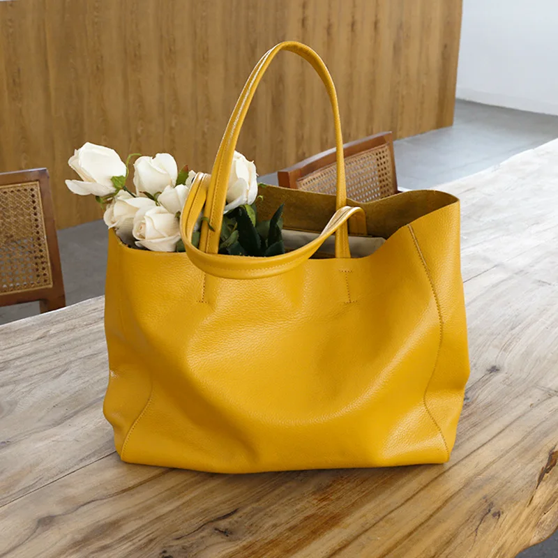 

New Women Luxury Bag Casual Tote Female Lemon Yellow Fashion Shoulder Handbag Lady Cowhide Genuine Leather Shoulder Shopping Bag