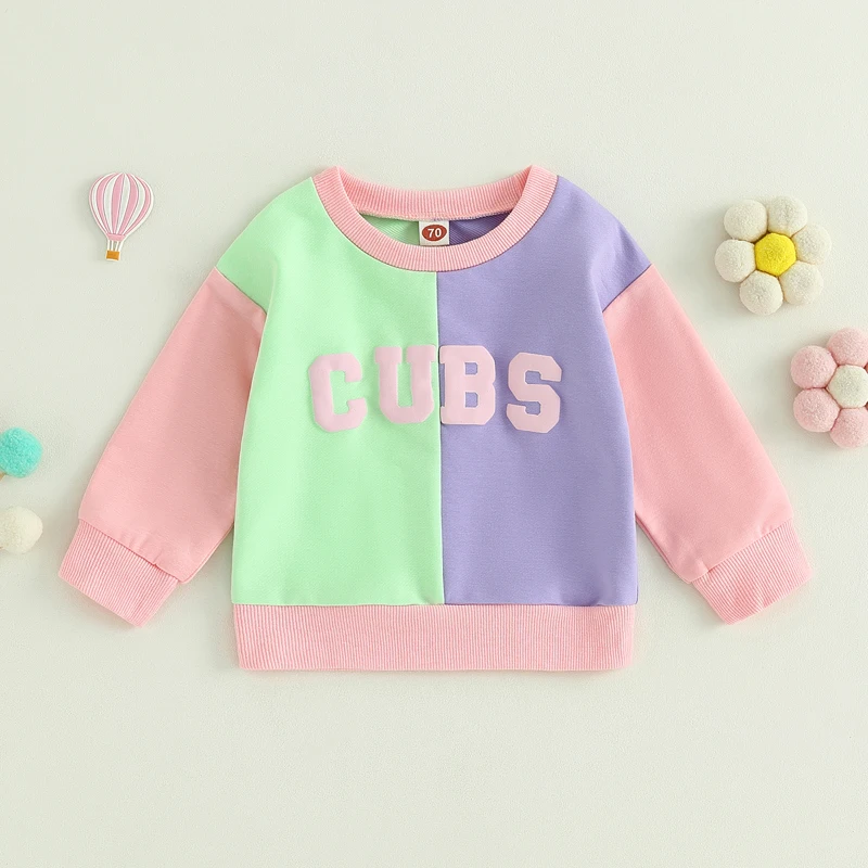 

Mildsown Toddler Girls Sweatshirts Letter Print Contrast Color Crew Neck Long Sleeve Kids Pullovers Casual Spring Autumn Tops