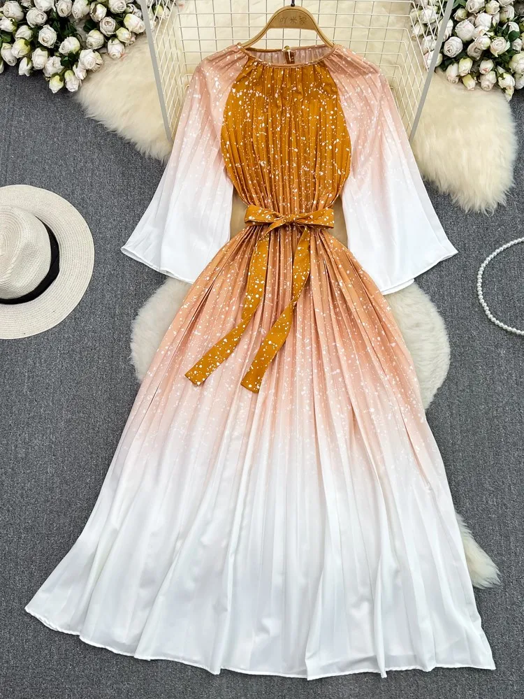 

Vintage Women Dress Gradient A-line Summer Fashion O-neck Evening Party Loose Female Clothes With Belt 2023 New Half Sleeve Robe