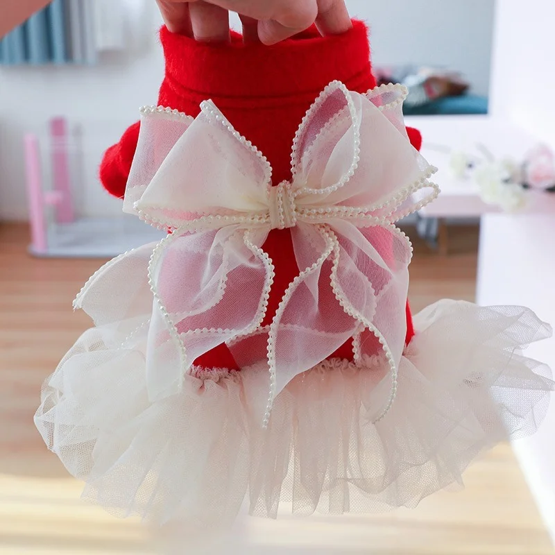 

Pearl Lace Gauze Skirt Pet Clothing Dogs Princess Dress Dog Clothes Costume Warm French Bulldog Cute Autumn Winter Red Girl