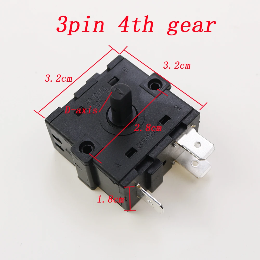 

1 шт., электрический обогреватель для комнаты, 3-контактный, 4-скоростной поворотный переключатель, переменный ток 250 В, 16 А, радиатор, кулер, нагреватель