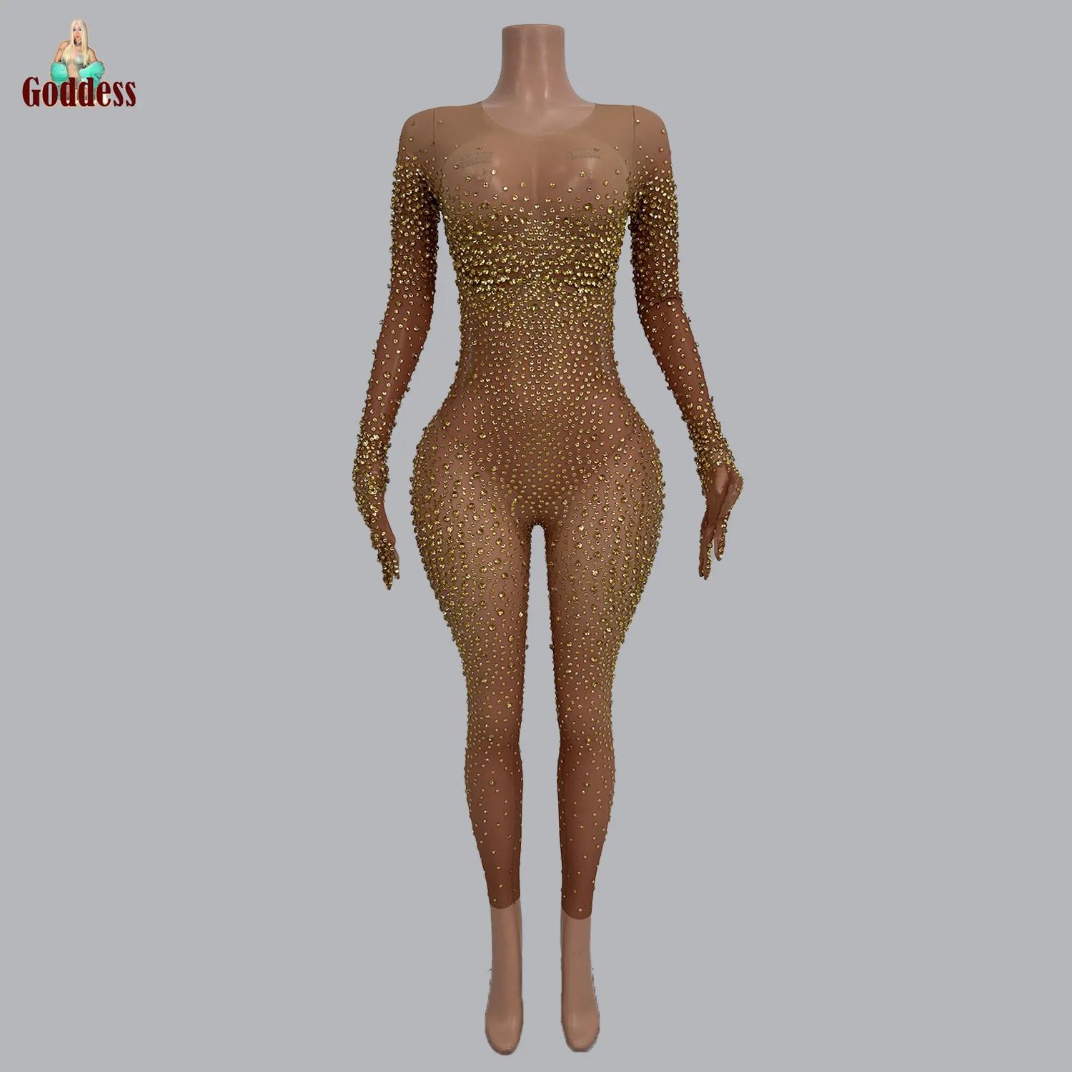 Яркий сетчатый комбинезон со стразами модный сексуальный эластичный