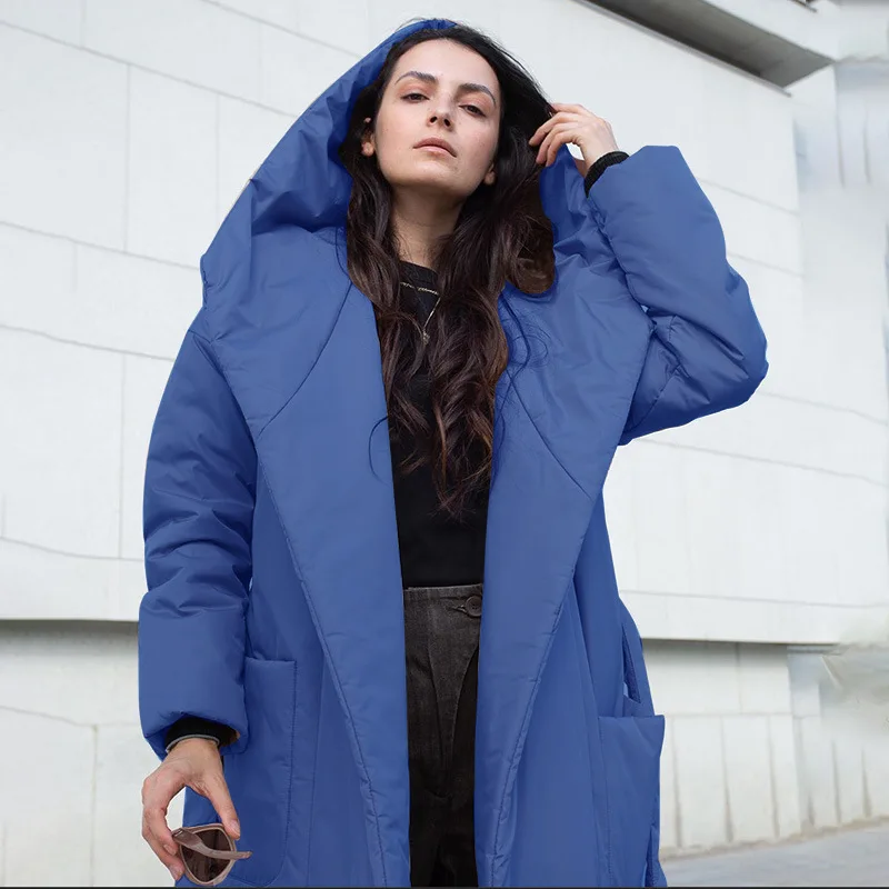 WeiYao Blue Padded Jacket for Women 2022 Winter Fashion y2k Streetwear Long Sleeves One Size Red Warm Hooded Coat with Belt