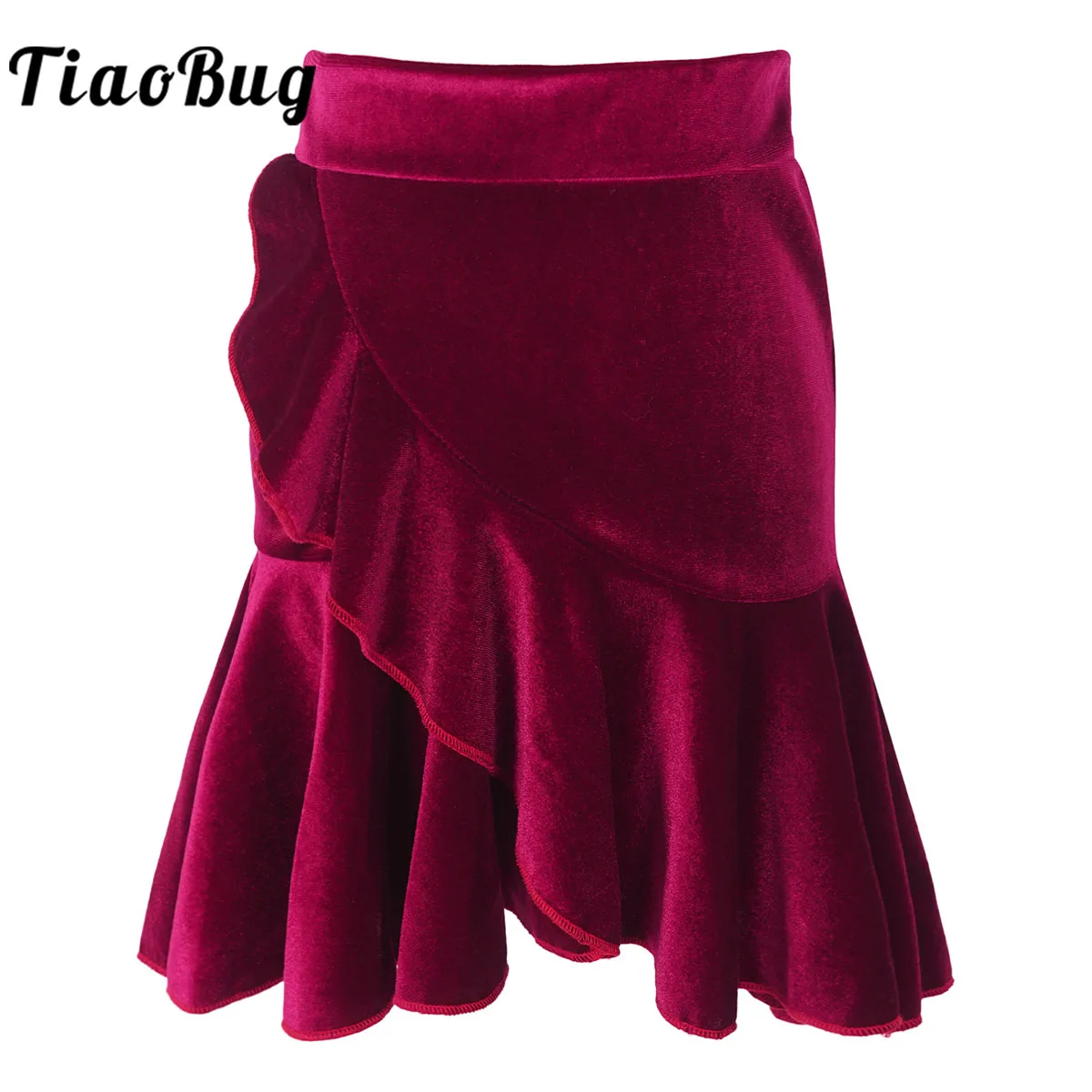 

Kids Velvet Latin Dance Skirt Cotumes Girls Classic Ruffle Slit Swing Hem Ballroom Samba Tango ChaCha Skater Dress Dancewear