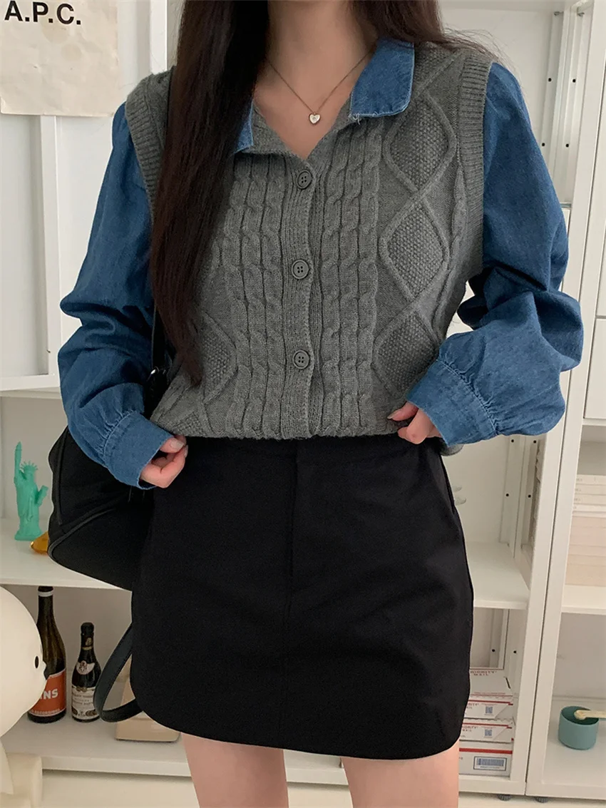 Alien Kitty осенние лоскутные джинсовые пальто новые свободные вязаные утепленные 2024