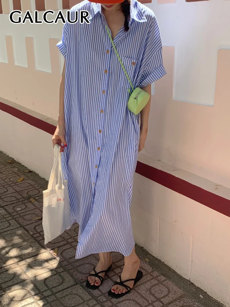 

GALCAUR Striped Hit Color Dresses For Women Lapel Short Sleeve High Waist Patchwork Single Breasted Loose Dress Female Summer
