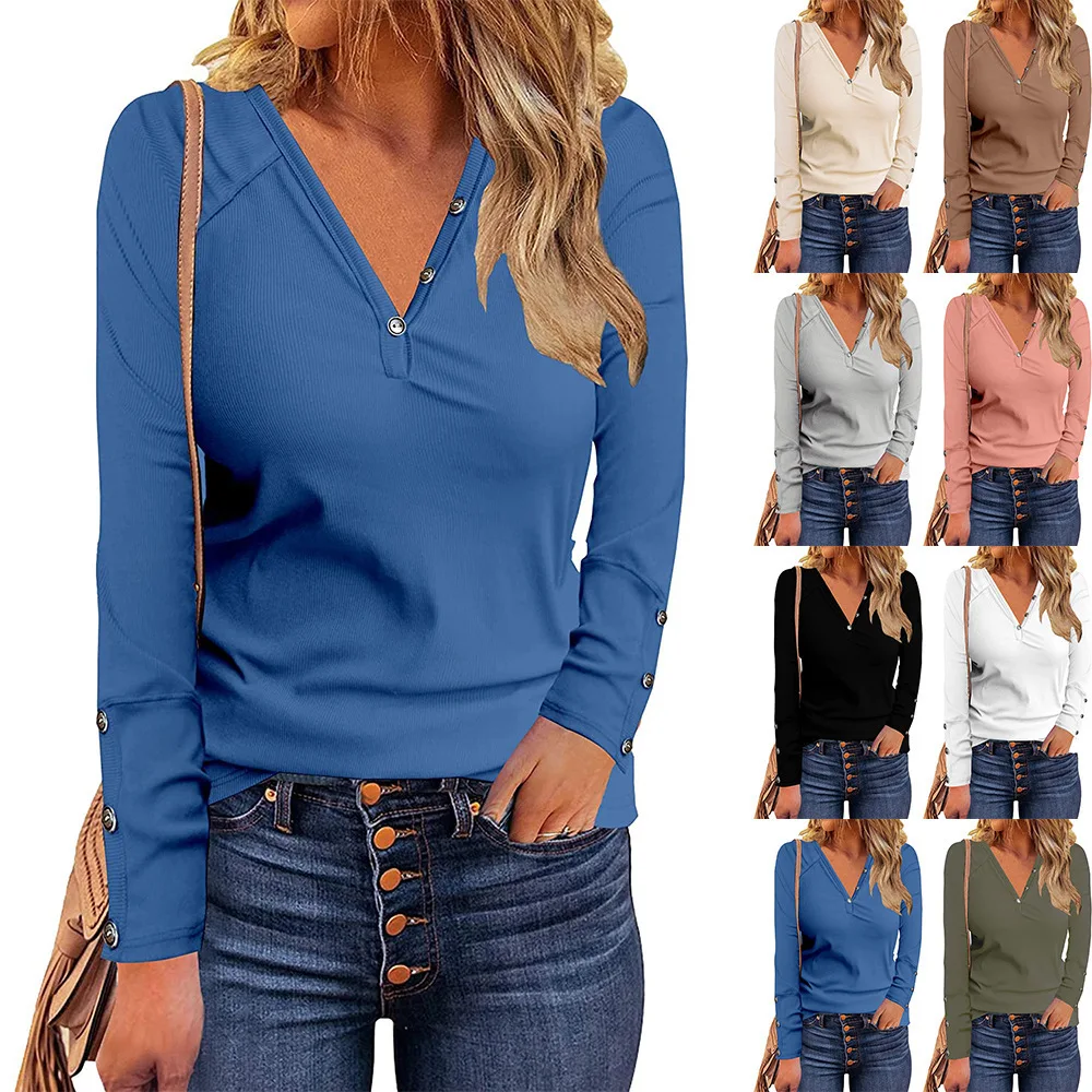 

2022 autumn new new style button V-neck all-match long-sleeved t-shirt women's clothing