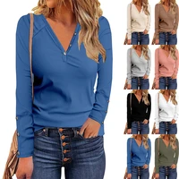 2022 autumn new new style button v neck all match long sleeved t shirt womens clothing