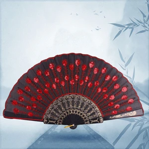 Colorful Embroidered Flower Pattern Black Cloth Folding Lightweight Fan for Dancing Performance