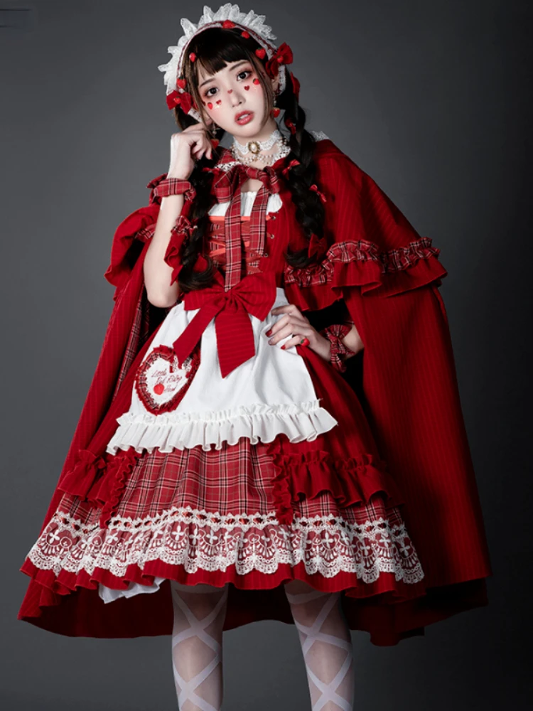 

Christmas Lolita Red JSK Dress Girls Sweet Hooded Short and Long Cloak Strap Dress Vintage Gothic Ball Gown Princess Dress Set