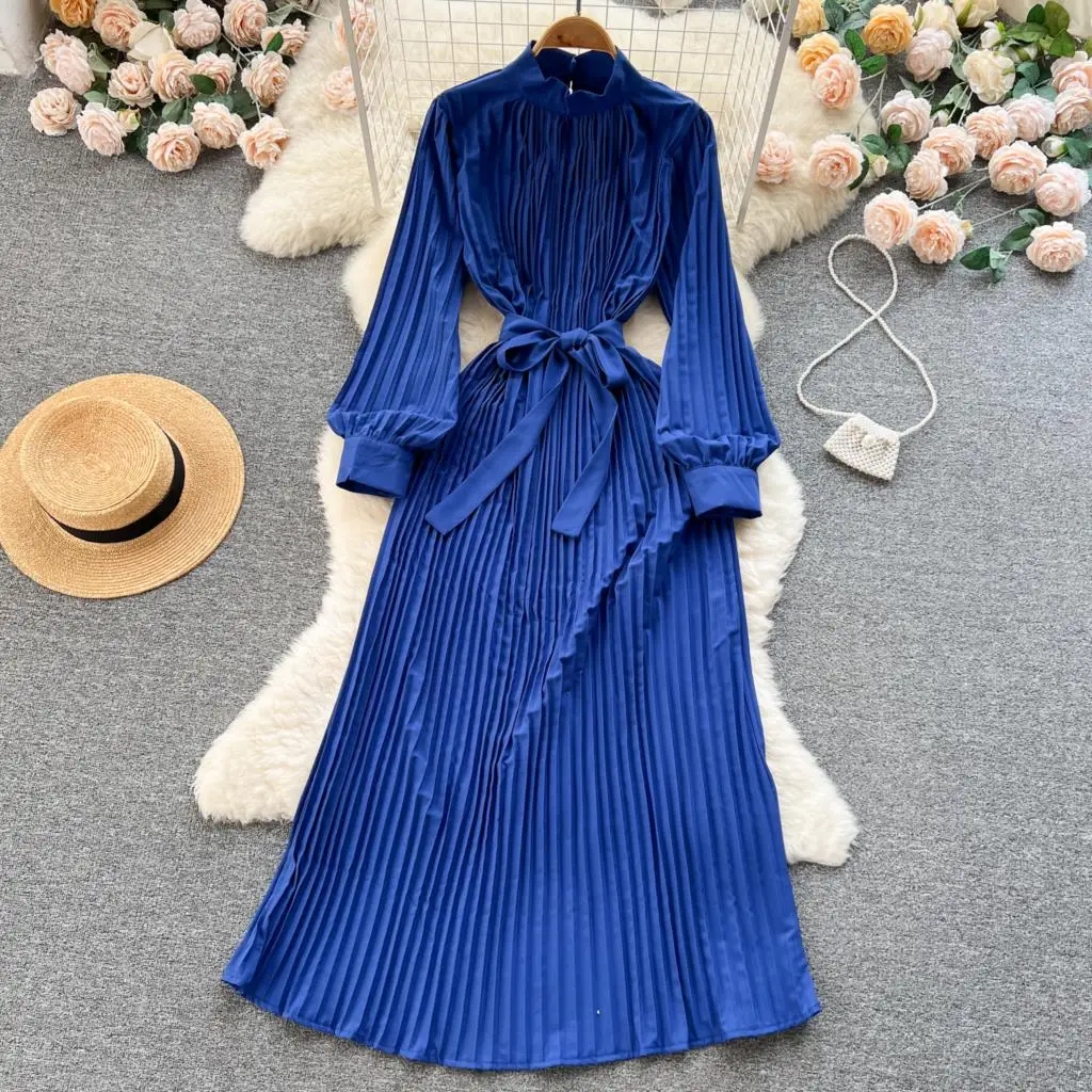 

Fashion New Elegant Casual Pleated Midi Party Dresses Women Vintage Solid A-Line Prom Birthday Vestidos with Belted Female Robe