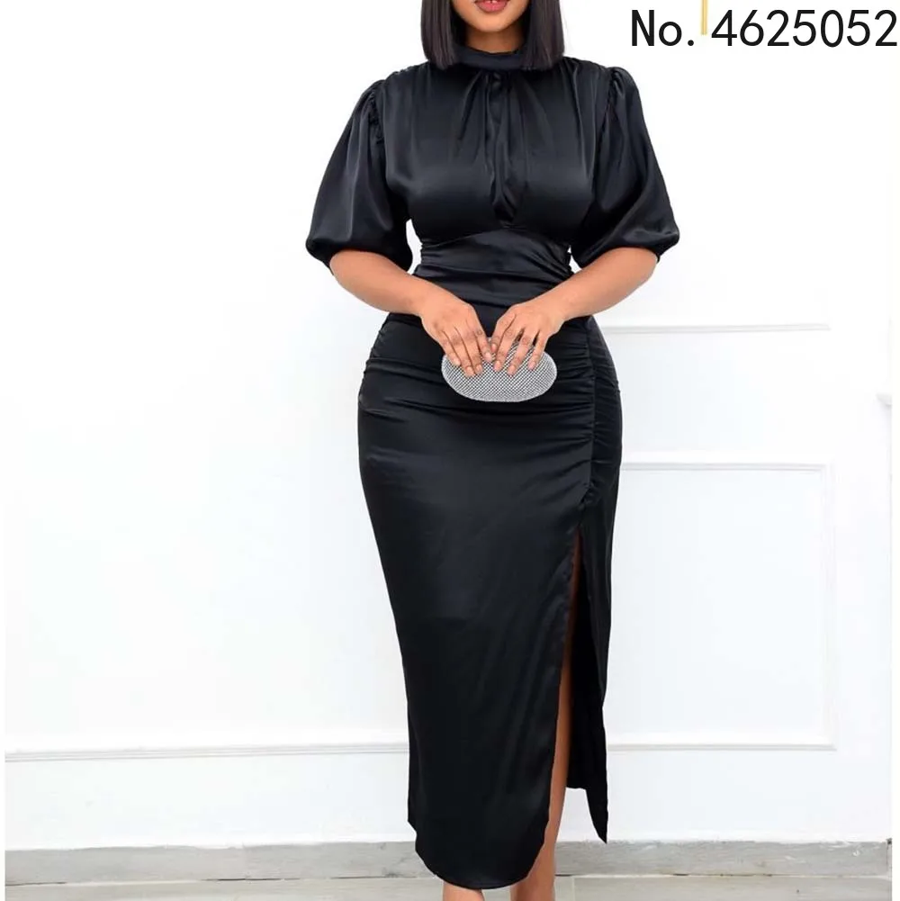 

2022 Summer African Dresses for Women African Women Short Sleeve Polyester Solid Color Dress African Clothes Women