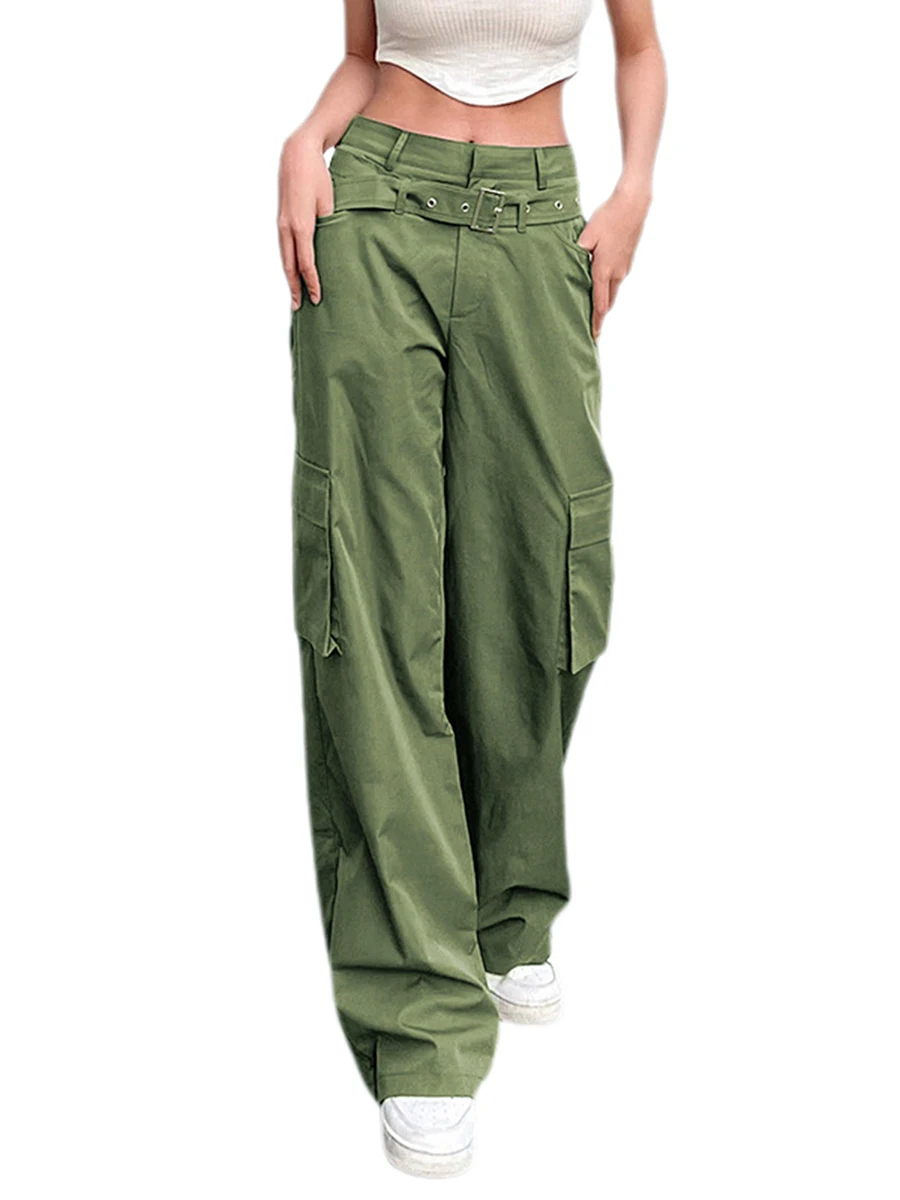 

Women\u2019s Straight Casual Pants Fashion Solid Color Pockets Stitching High Waist Trousers with Belt
