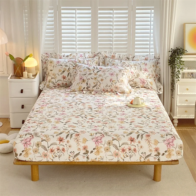 

Bonenjoy 1 pc 100%Cotton Fitted Sheet Floral Flower Printed Bed Cover with Elastaic Queen/King Size Bed Fitted Sheet 180x200cm